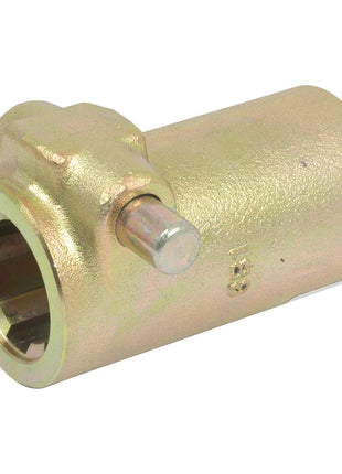 A close-up of the Sparex PTO QR Sleeve - Female spline 1 3/8'' - 6 with Quick Release Pin (Sparex Part No.S.4467), designed for connecting pipes. The metallic cylindrical fitting features a protruding quick release pin and has a shiny, gold-toned finish.