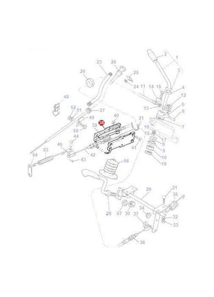 Technical diagram showing the exploded view of a mechanical assembly with numbered parts, specifically for Massey Ferguson 200 Series tractor components. The parts include levers, rods, and connectors. The component labeled as part number 39, which is the Massey Ferguson Housing (1696854M2) by AGCO, is prominently highlighted in red.