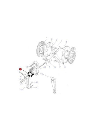 Exploded view of a mechanical assembly with numbered components, highlighting part number 12 indicated in red, identified as the "Massey Ferguson - Boot Slave Cylinder - 183462M1" by AGCO, commonly used in tractor parts for Pre-100 Series Massey Ferguson models.