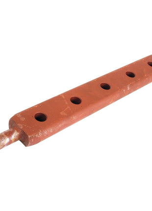 The Sparex Flat Drawbar (Cat. 1), part number S.49123, is a red, rectangular metal bar measuring 520mm and features five evenly spaced holes with precise centers and flat extensions on both ends.