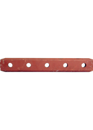 The Flat Drawbar (Cat. 1) from Sparex, with part number S.49123, is a rectangular red metal bar featuring five evenly spaced circular holes and rounded edges. Each end has two protruding tabs with additional holes, ensuring a precise fit with the specified hole centers and pin diameter.