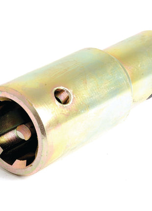 The Sparex PTO Pump Adaptor, product S.4982, is a metallic cylindrical mechanical part with a bore diameter of 3/4 inches, featuring a hollow central section with a female spline measuring 1 3/8 inches - 6 and equipped with small side holes and a grub screw. It is designed for standard duty applications up to 70HP.