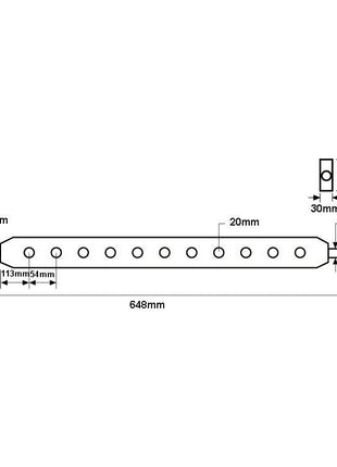 Technical diagram of the Sparex Flat Drawbar (Cat. 1) with seven holes, 648mm in length. Hole Ø: 11mm, spacing between holes at varying intervals. End section dimensions: 30mm x 20mm and 22mm x 20mm. Sparex Part No.S.5009.
