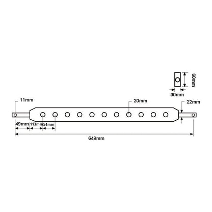 Technical diagram of the Sparex Flat Drawbar (Cat. 1) with seven holes, 648mm in length. Hole Ø: 11mm, spacing between holes at varying intervals. End section dimensions: 30mm x 20mm and 22mm x 20mm. Sparex Part No.S.5009.
