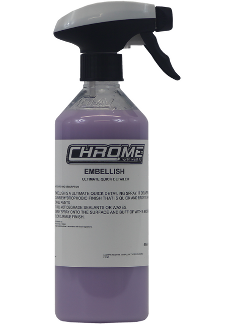 A spray bottle of JMCE Chrome - Embellish, featuring a vibrant purple liquid and a black nozzle on top, promises an easy application and a hydrophobic finish for lasting protection.