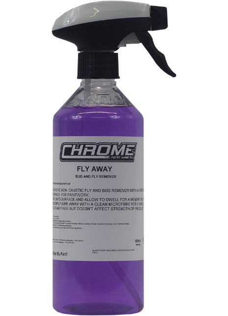 A spray bottle labeled "Chrome - Fly Away" from the brand JMCE, filled with purple liquid and featuring a black and white spray nozzle. This non-caustic formula not only effectively removes bugs but also delights with a refreshing cherry fragrance.