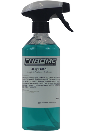 A blue liquid spray bottle labeled "Chrome - Jelly Fresh" by JMCE, perfect as an odor eliminator for your home.