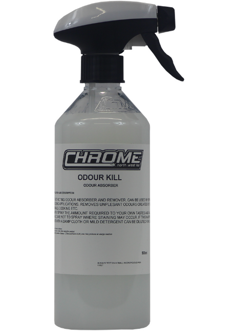 A spray bottle labeled "Chrome - Odour Kill" by JMCE DEALS, featuring a black nozzle and white body, containing a liquid odor remover.