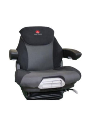 The Massey Ferguson seat cover - model 3933682M1 from AGCO is a black and grey ergonomic option with armrests and a cushioned seat, ideal for low cabins.