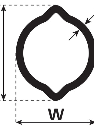 Technical diagram of the Rilsan® Coated PTO Tube - Lemon Profile (Length: 1M, S.50697) from Sparex, showing dimensions labeled H (height), W (width), and T (thickness). Dashed lines indicate the measurement boundaries for H and W, adhering to Weasler Dimensions standards.