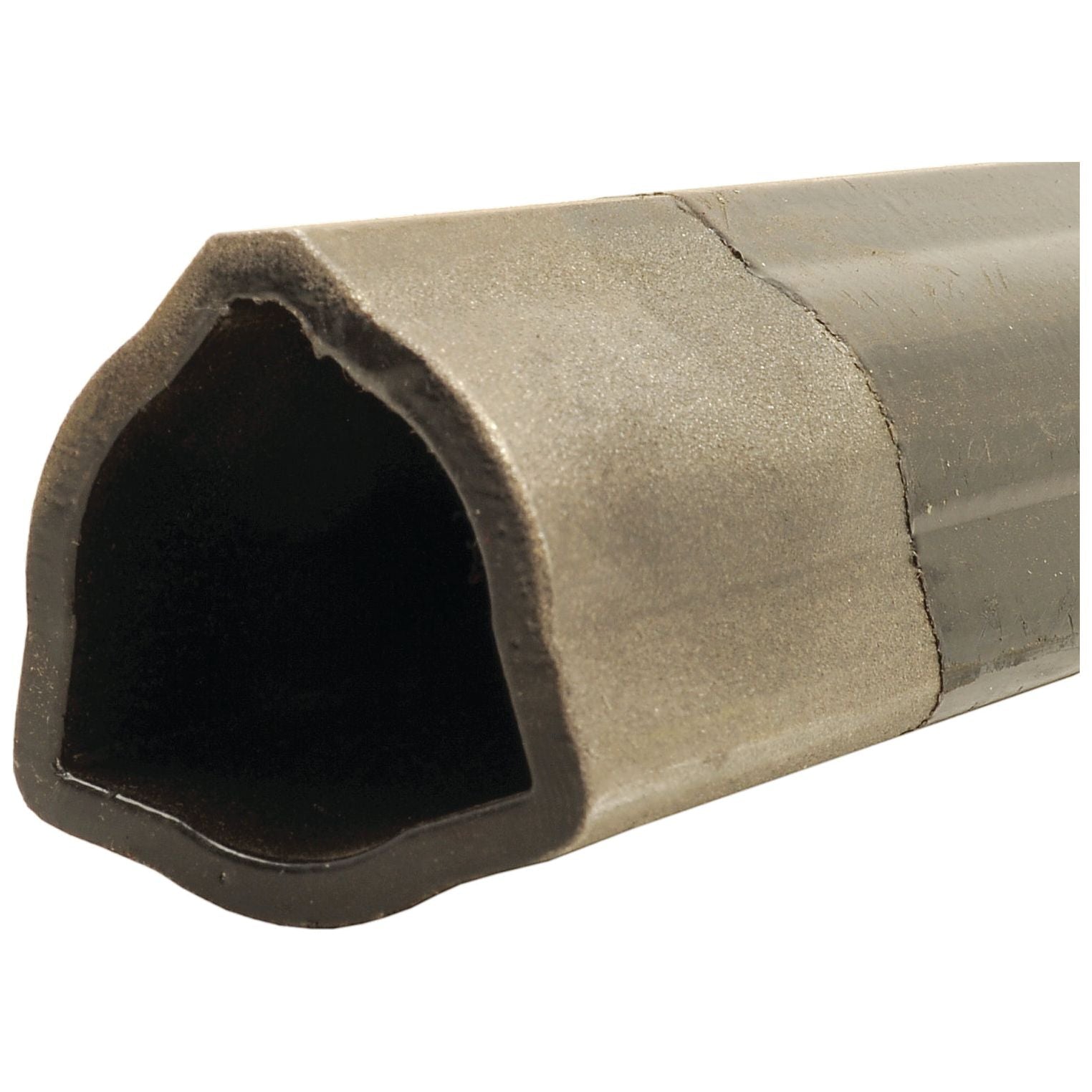 Close-up of a section of black Rilsan® Coated PTO Tube - Triangle Profile (S.50699) from Sparex, measuring 1 meter, used for sealing gaps in doors and windows.