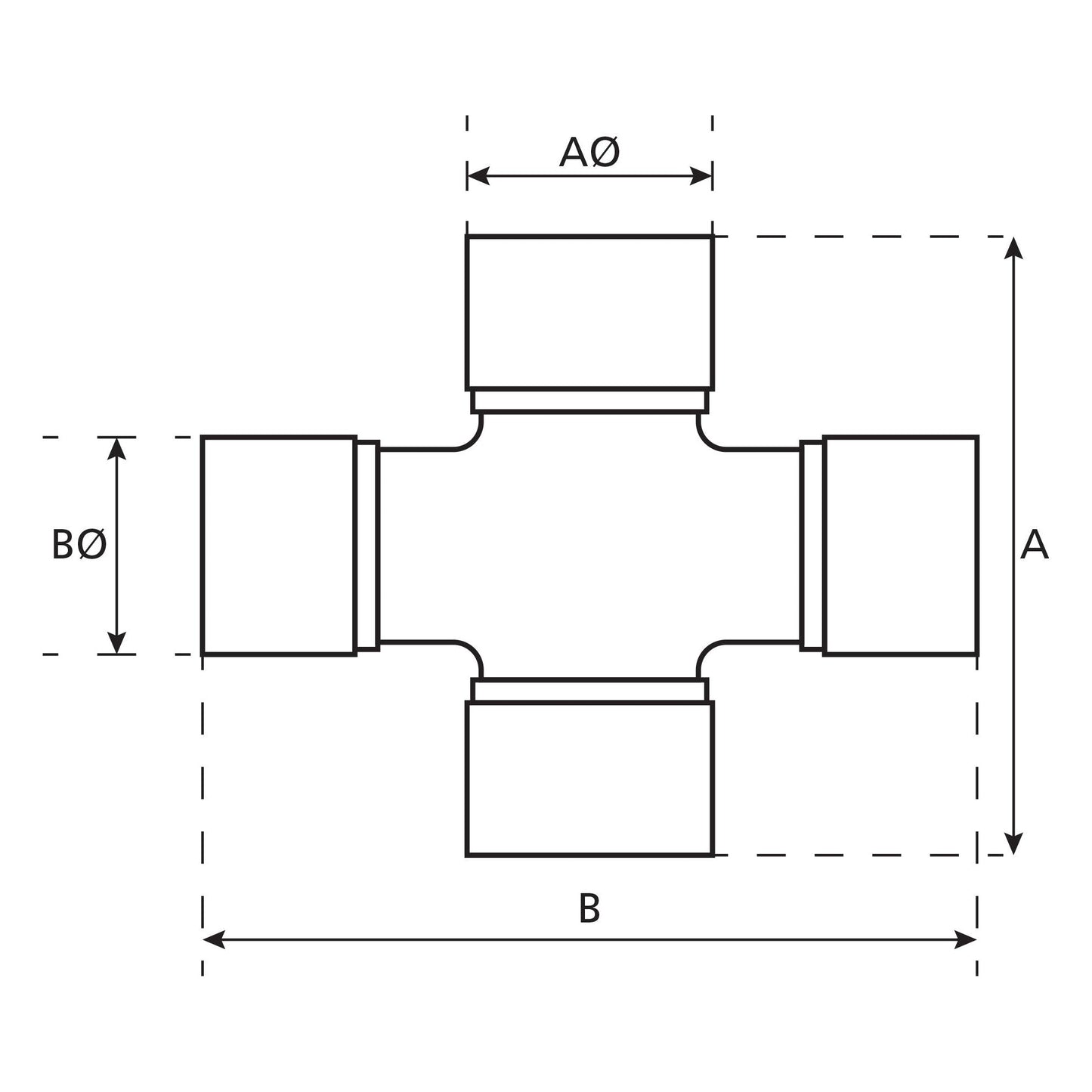 Technical diagram of a Sparex Weasler Universal Joint pipe fitting, part number S.50908, featuring four openings at right angles and labeled with dimensions A, B, AØ, and BØ. Measurements are 36 x 89mm and 32 x 106mm for this standard duty fitting.
