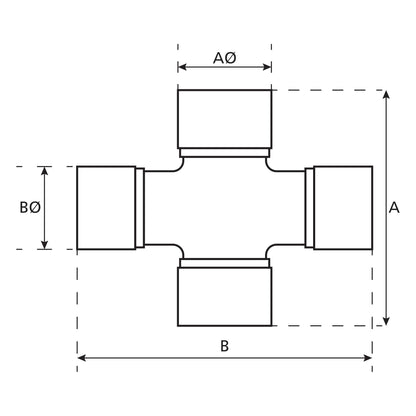 Technical diagram of a Sparex Weasler Universal Joint pipe fitting, part number S.50908, featuring four openings at right angles and labeled with dimensions A, B, AØ, and BØ. Measurements are 36 x 89mm and 32 x 106mm for this standard duty fitting.