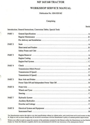 Massey Ferguson - 165/168 Workshop Manual - 1856028M2 - Farming Parts