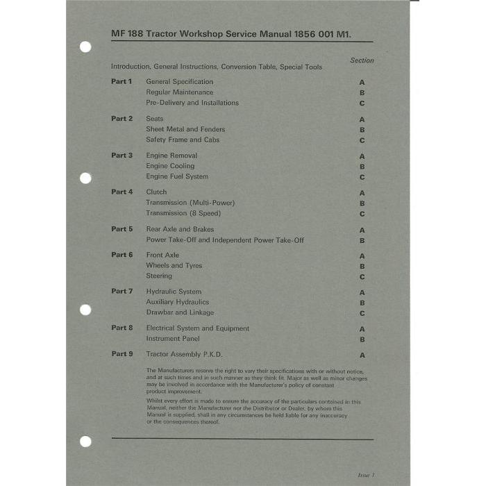 Massey Ferguson - 188 Workshop Manual - 1856001M1 - Farming Parts