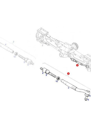 Illustration of a mechanical assembly with components labeled by numbers, featuring various parts of the steering linkage and axle system, including the AGCO Massey Ferguson axial tie rod (G716300100010).