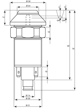 Technical diagram of the PTO Switch with detailed measurements including width, height, and specific dimensions for various parts featuring the Sparex Part No. S.52804.