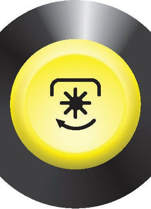 A yellow button with a black symbol in the center, depicting an asterisk and a curved arrow below, labeled as "PTO Switch | Sparex Part No. S.52804" by the brand Sparex. The button is placed on a dark circular background.