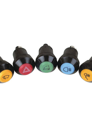 Five Sparex PTO automotive switches (Sparex Part No. S.52818) with colored buttons and icons: windshield wiper (yellow), hazard lights (red), defrost (green), headlights (blue), and fog lights (yellow). Rated for 12V, these switches ensure reliable performance in various conditions.