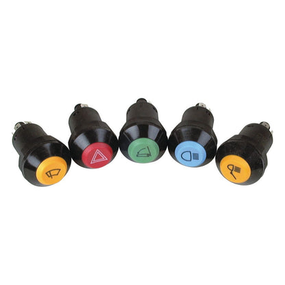 Here are five car dashboard buttons with icons: a yellow PTO switch (Sparex Part No. S.52828) labeled for the windshield washer fluid, a red hazard lights button, a green rear window defroster button, a blue headlights button, and another yellow button for fog lights. The panel also conveniently includes a 12V power socket.