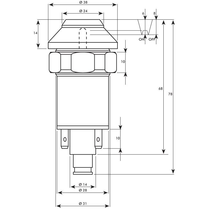 Technical drawing of a cylindrical component with various labeled dimensions and on/off switch details, featuring the PTO Switch (Sparex Part No. S.52845) by Sparex. The front and top views are shown with measurements in millimeters.