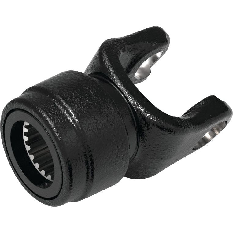 Close-up of the Sparex PTO Yoke - Quick Release With Auto Lock (U/J Size: 36 x 89mm), featuring internal splines, used in mechanical assemblies or automotive applications. This specific model, Sparex Part No.S.53565, has a size of 1 3/4''-20 spline and is crafted from black metal.