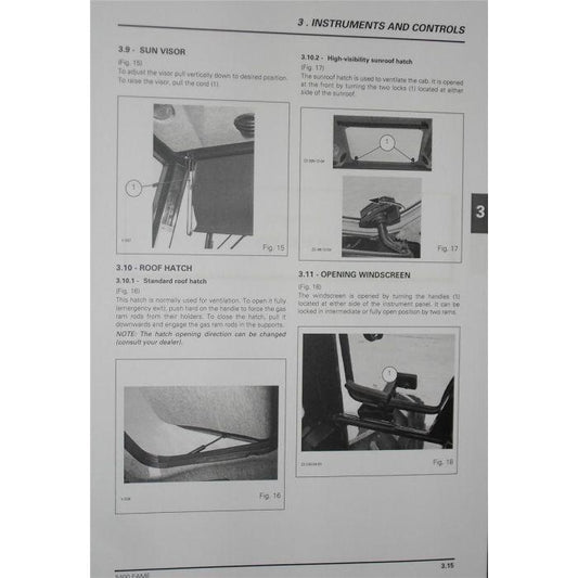 This section of the 5400 Series Dyna 4 Operators Manual (Product Code: 3378983M2) by AGCO covers the use of the sun visor, high-visibility sunroof hatch, roof hatch, and opening windscreen on the Massey Ferguson. Refer to Figures 16, 17, and 18 for detailed diagrams.