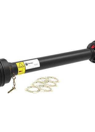 Image of a black cylindrical tool with threaded ends, likely a PTO Complete Guard Kit, featuring small loops and safety locks. Four bearing rings are placed beside it. The device matches the description of the Sparex product S.56504, measuring 1510mm in length and size medium.