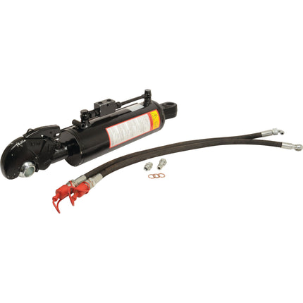 The Sparex Hydraulic Top Link (Cat.-/2) with Quick Release CBM Hook, featuring a 63mm bore and a minimum length of 540mm, is displayed on a white background. It includes attached hoses and additional metal fittings, making it perfect for tractor implement needs. (Sparex Part No. S.56791)