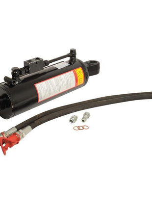 A Sparex Hydraulic Top Link (Cat.-/2) and Q.R CBM Hook in black, featuring a 63mm cylinder bore, attached hoses, two small metal fittings, a washer, and two red rubber caps.