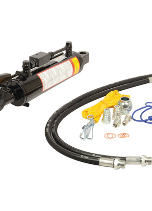 Image of a Sparex Hydraulic Top Link (Cat.-2) and Q.R. Hook set, which includes an 80mm bore hydraulic cylinder with a precise ram stroke, two hoses, various metal fittings, metal rings, and plastic caps. The kit's minimum length is 550mm. | Sparex Part No.S.56795