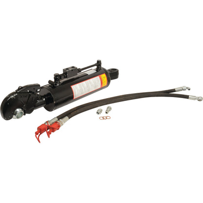 The Sparex Hydraulic Top Link (Cat.-/3) and Q.R CBM Hook, featuring a 90mm cylinder bore and a minimum length of 500mm, comes with attached hoses and connectors. It is designed for industrial use, equipped with a visible warning label and red protective caps on the hose fittings. This product is ideal as a tractor implement, incorporating a built-in check valve for enhanced functionality. (Sparex Part No.S.56800)