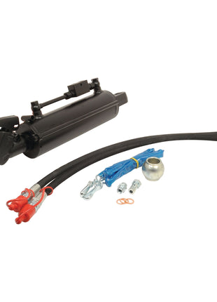 Sparex Hydraulic Top Link (Cat.-/3) Knuckle and Q.R CBM Hook, featuring a 90mm cylinder bore and a minimum length of 590mm. Includes hoses, connectors, coupling ball for tractor end, and additional small parts for easy installation. Sparex Part No.S.56801.