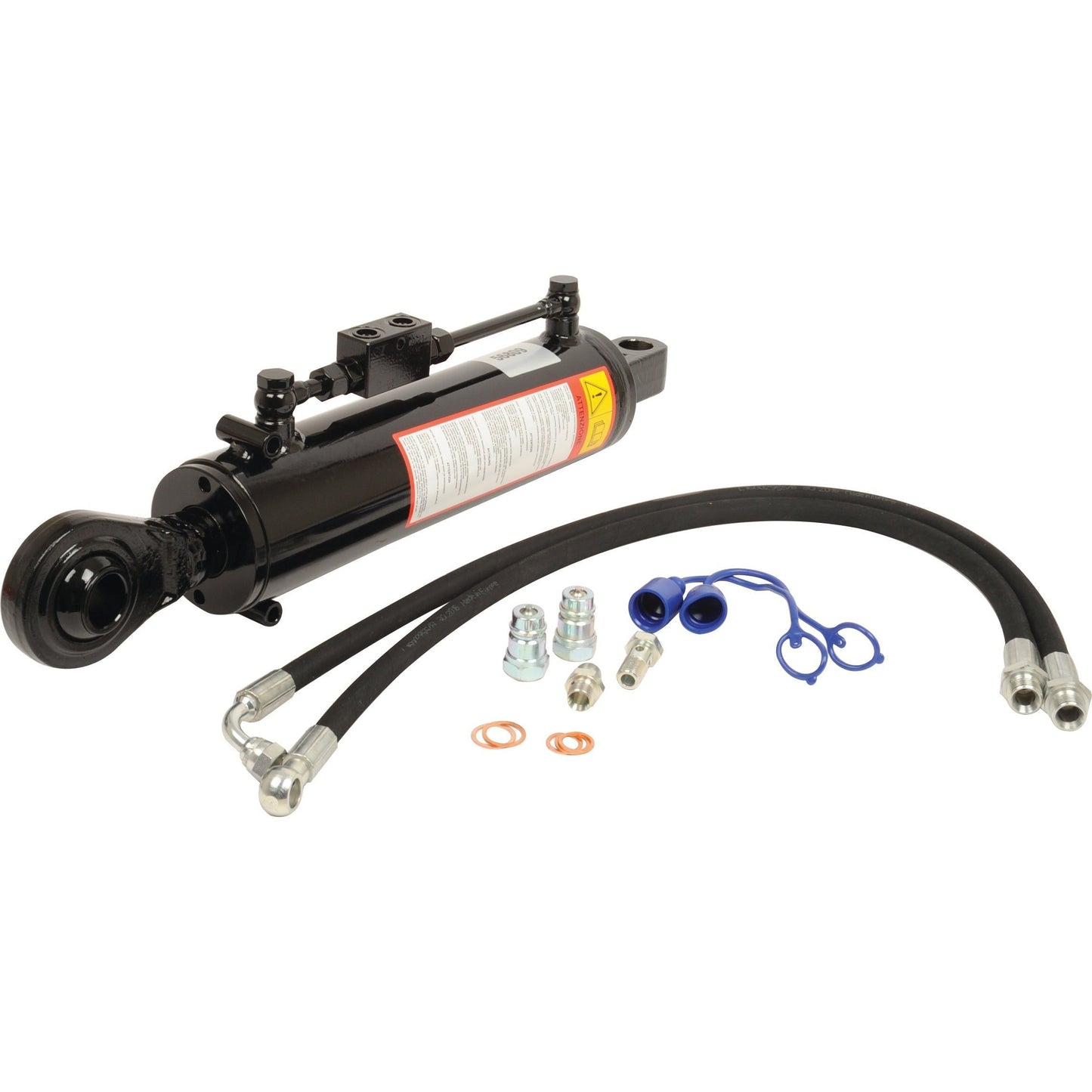 Sparex Hydraulic Top Link (Cat.-/3) Knuckle and Ball, featuring a 90mm cylinder bore, minimum length of 640mm (Sparex Part No. S.56809), shown with hoses, connectors, and attachments on a white background.