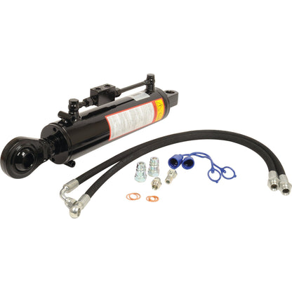 Sparex Hydraulic Top Link (Cat.-/3) Knuckle and Ball, featuring a 90mm cylinder bore, minimum length of 640mm (Sparex Part No. S.56809), shown with hoses, connectors, and attachments on a white background.