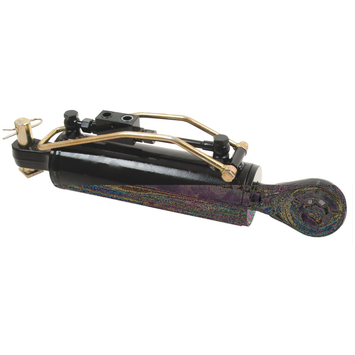 A black Sparex Hydraulic Top Link (Cat.-/3) with knuckle and ball, featuring gold-colored fittings and a 45mm rod, set against a white background, designed for a 200hp tractor. This unit has a cylinder bore of 90mm and a minimum length of 640mm (Sparex Part No. S.56809).