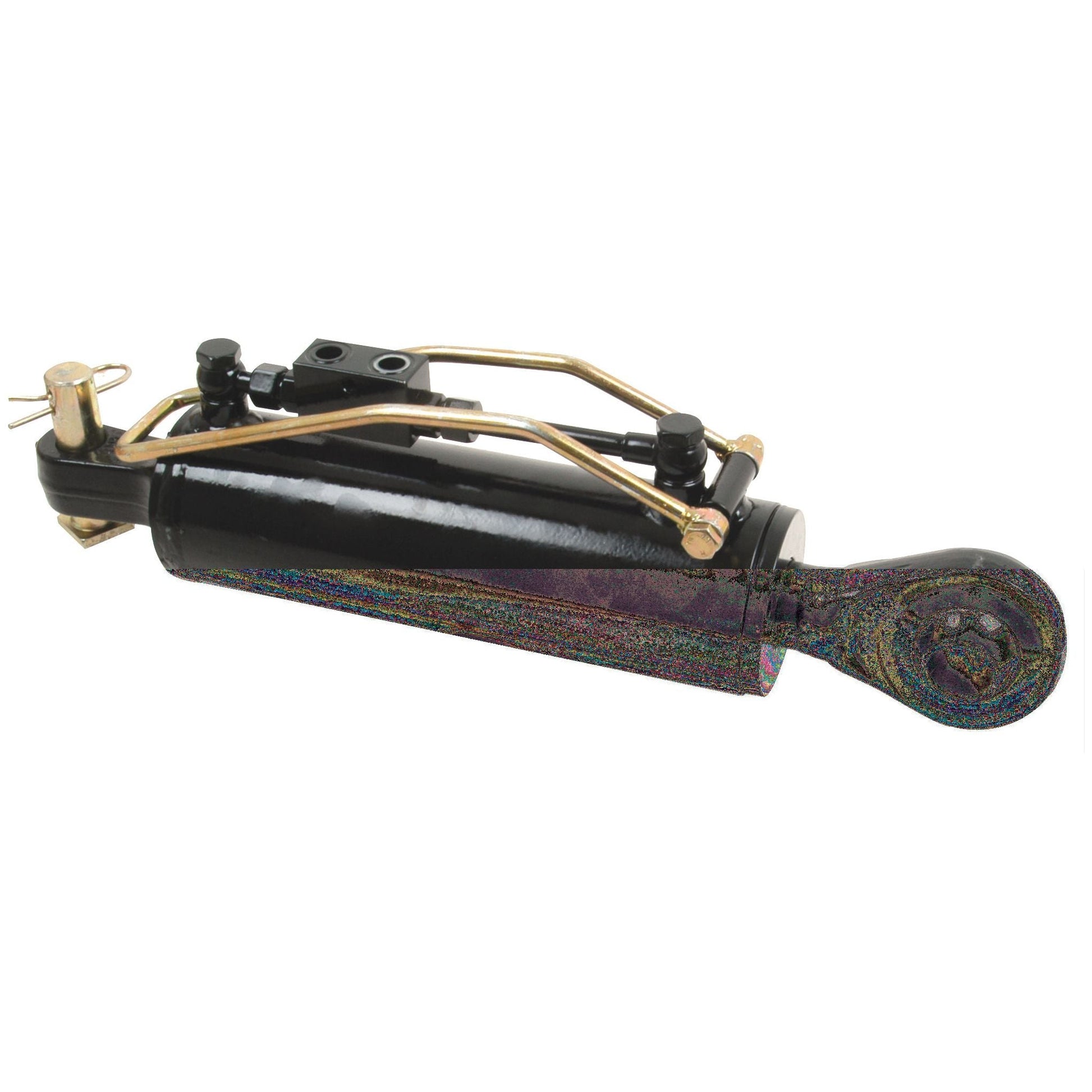 A black Sparex Hydraulic Top Link (Cat.-/3) with knuckle and ball, featuring gold-colored fittings and a 45mm rod, set against a white background, designed for a 200hp tractor. This unit has a cylinder bore of 90mm and a minimum length of 640mm (Sparex Part No. S.56809).