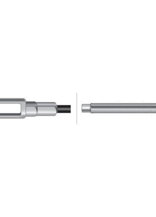 A PTO Clutch Cable from Sparex, featuring a length of 954mm and an outer cable length of 654mm, displayed in two distinct parts against a white background. Ideal for maintaining machinery such as PTO Clutch Cable systems for International Harvester or Case IH equipment. Sparex Part No. S.57321.