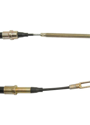 A close-up view of two Sparex PTO Clutch Cables (Sparex Part No. S.57321) for a vehicle. The top cable, measuring 954mm in length with a 654mm outer cable length, has a threaded adjustment end, while the bottom cable features a flat metal connector at the end. Both cables are encased in black sheaths, similar to those used in Case IH and International Harvester machinery.
