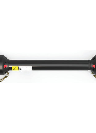 A medium-sized black metal shaft with two ribbed cylindrical ends, featuring warning labels and small hooks on each end, incorporates the reliable Sparex PTO Guard - Easylock (Lz Length: 710mm) for enhanced safety, Sparex Part No. S.59604.