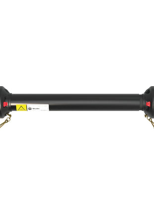 A black drive shaft with ribbed and capped ends, featuring yellow and white caution labels, includes the Sparex PTO Guard - Easylock (Lz) Length: 710mm, Size: Medium for safety.