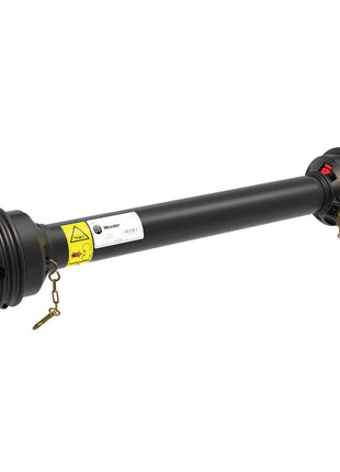 A black cylindrical device from Sparex, identified as the PTO Guard - Easylock (Sparex Part No. S.59604), measuring 710mm in length and medium in size, features various connectors and labels as well as brass chains attached to the ends for added security with its Easylock system.