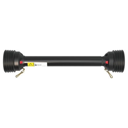 A large black plastic cylinder, measuring 710mm in length, with ridges on both ends, featuring warning labels and gold-colored metal clips. This cylinder includes a Sparex PTO Guard - Easylock (Sparex Part No. S.59608) by Weasler.