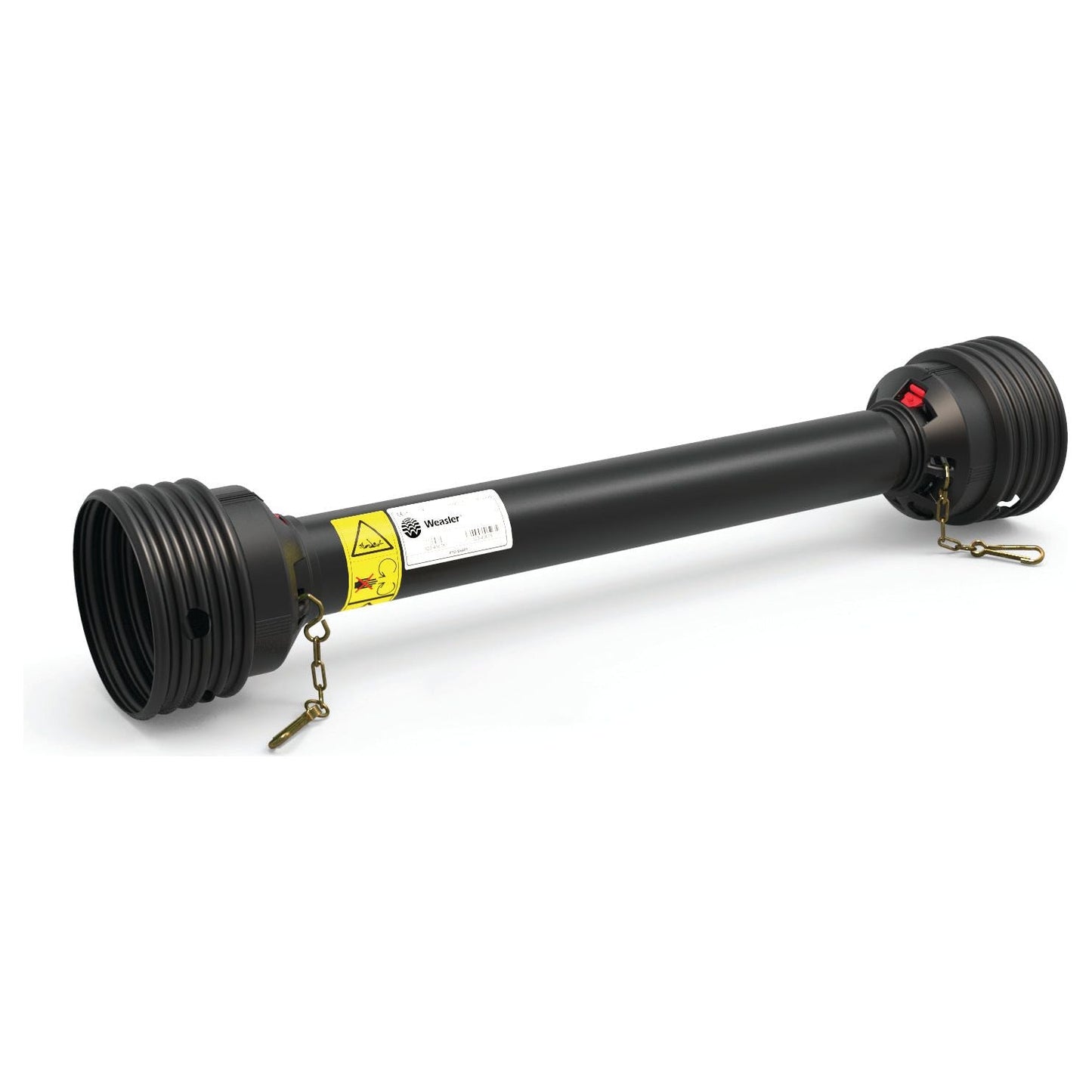 The Sparex PTO Guard - Easylock is a black, cylindrical industrial tool measuring 1310mm in length and featuring connectors and safety chains at both ends. It includes an Easylock system and has an extra-large label with safety instructions attached to the central part of the device. Official Sparex Part Number S.59618.