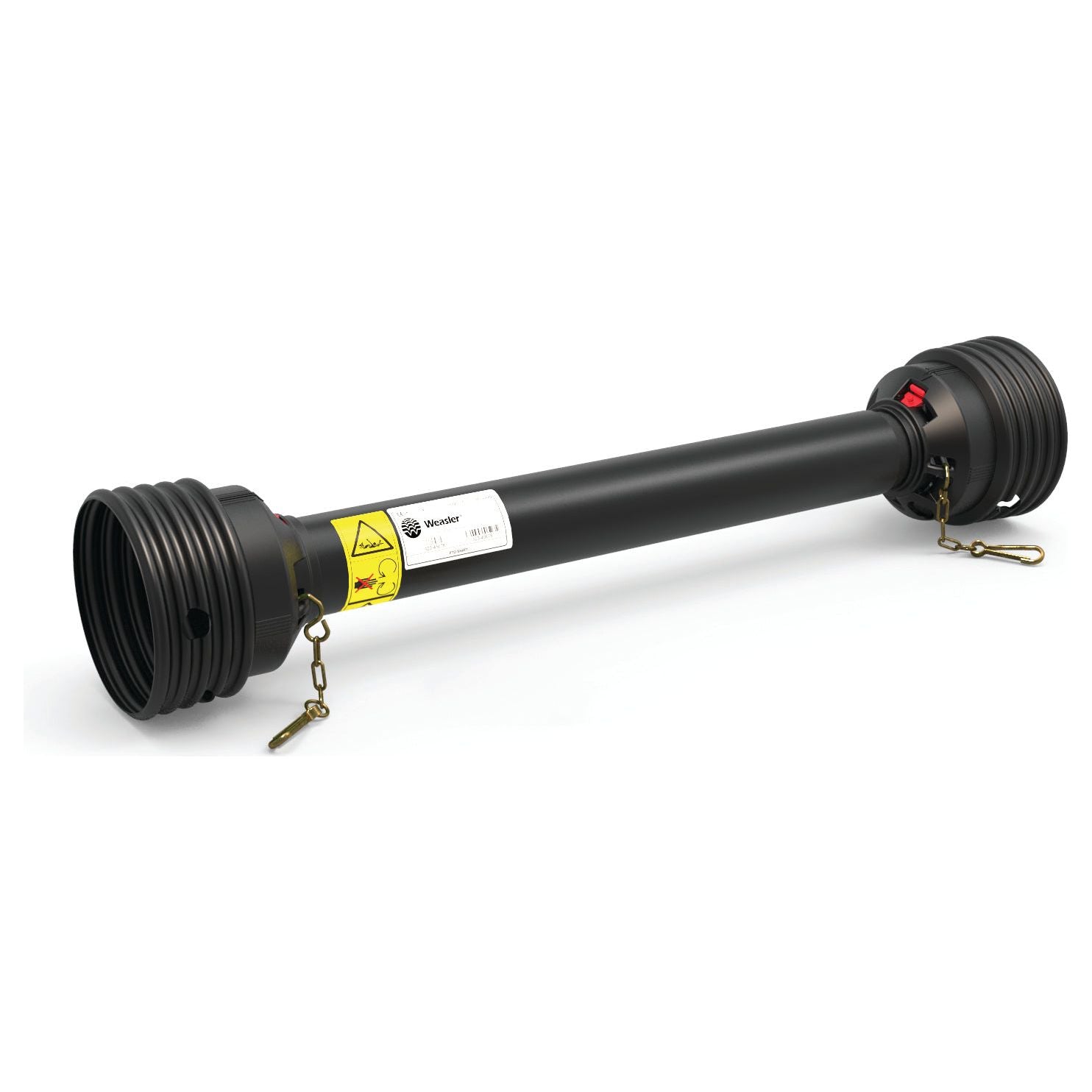 A Sparex Extra Large black cylindrical PTO Guard (Length: 1010mm) with threaded ends, safety warning labels, and two small attached chains. This pipe features an Easylock mechanism for enhanced security. (Sparex Part No.S.59621)