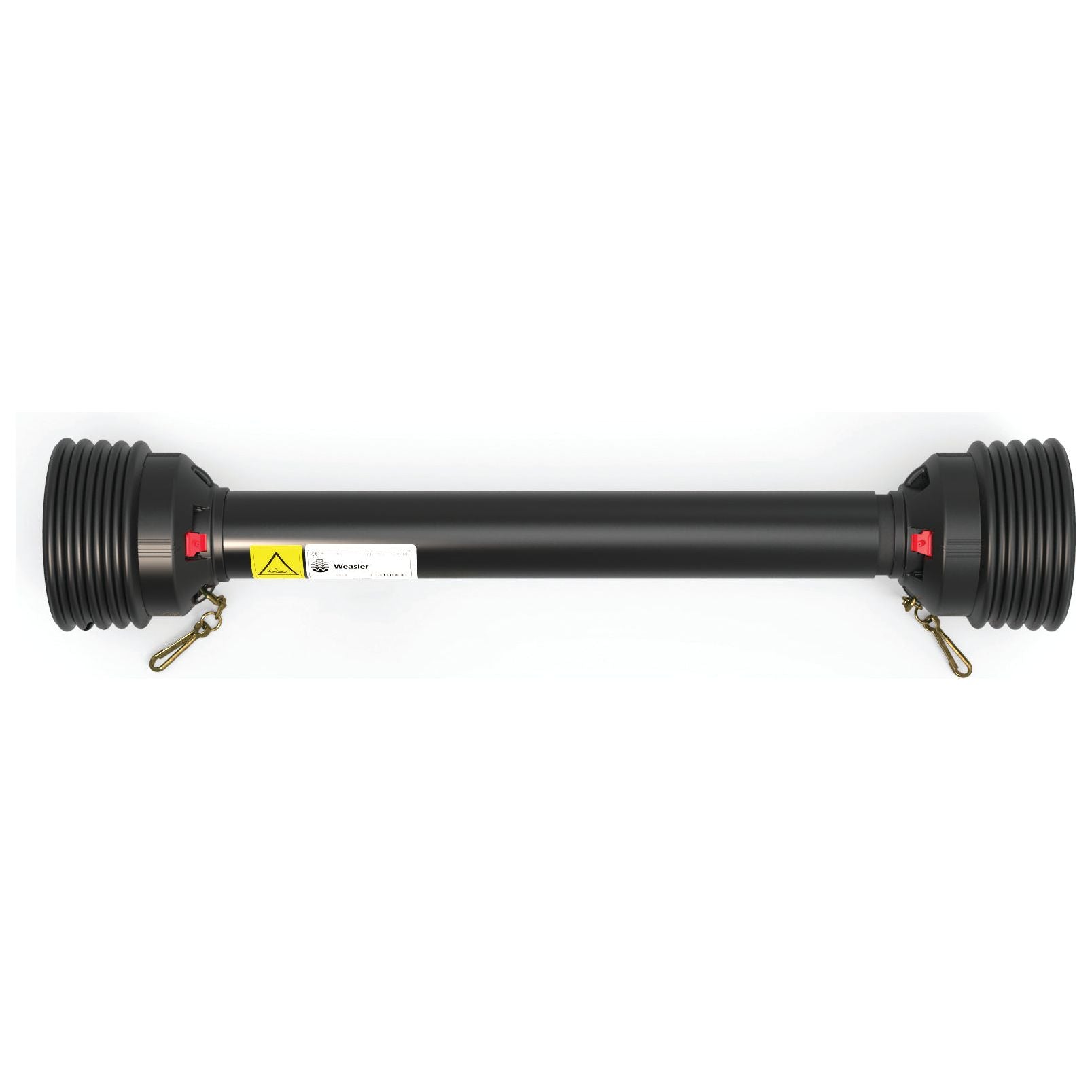 A black cylindrical mechanical part with ridged ends and metal latches on both sides, likely a component for machinery or industrial use. Featuring an Easylock mechanism, this Sparex PTO Guard (part no. S.59623) in extra-large size (1510mm in length) ensures secure and efficient operation.