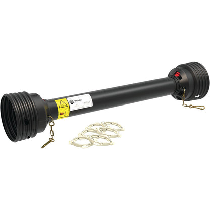 A medium-sized black cylindrical PTO Complete Guard Kit by Sparex, featuring ridged connectors at both ends and a warning label in the center, measuring 1010mm in length. Next to it are four metallic rings equipped with Easy-Lock clasps.