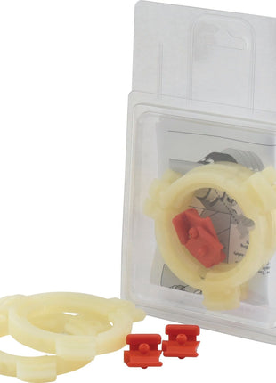 A package from Agripak containing JMCE DEALS EASYLOCK BEARINGS 2x50mm MED | Sparex Part No.S.59631, including two beige circular parts and two small red clips, is displayed in clear plastic and cardboard packaging.