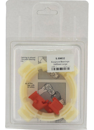 The packaging includes a circular, cream-colored plastic part and two small red components, all labeled as "Easylock Bearings 2x63mm Large" with the Sparex Part No. S.59632. This product is part of the Agripak line from Sparex.