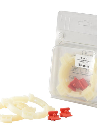 Image of a packaged set of components including beige circular plastic rings and red plastic clips, typically used for installation or assembly purposes with Sparex EASYLOCK BEARINGS 54/62MM LARG (Sparex Part No. S.59637).